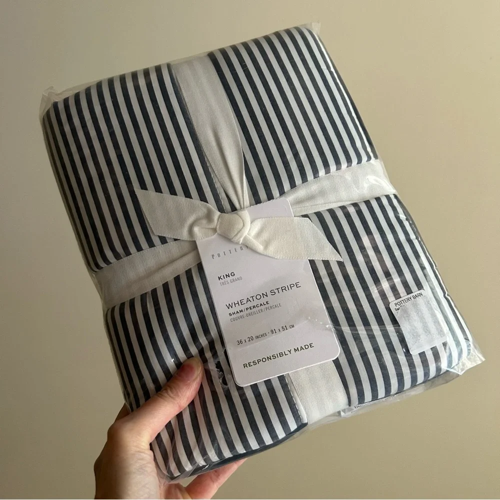 Pottery Barn Wheaton Striped Percale Comforter Sham Pillow Cover KING 36x20 NEW